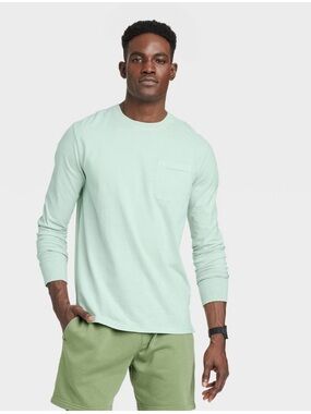 New! Men's Long Sleeve Pocket T-Shirt Light Blue Size M, Heavyweight Cotton